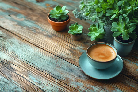 A tranquil setting showcasing a steaming cup of coffee on a rustic wooden table surrounded by lush succulents in pots. the natural textures and greenery create a serene and inviting atmosphere, ideal for decor and relaxation themes. Generative AIの素材