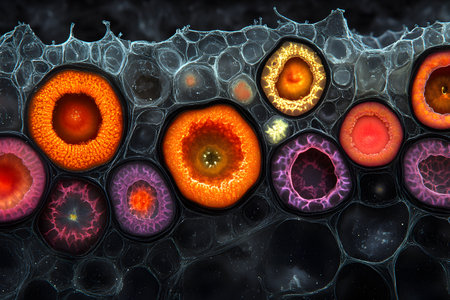 Microscopic view the vibrant cross-sections of plant cells, showcasing intricate patterns and vivid colors in hues of orange, purple, and pink. each cell's unique structure and internal details are visible, illustrating the complexity of cellular organization. Generative AIの素材