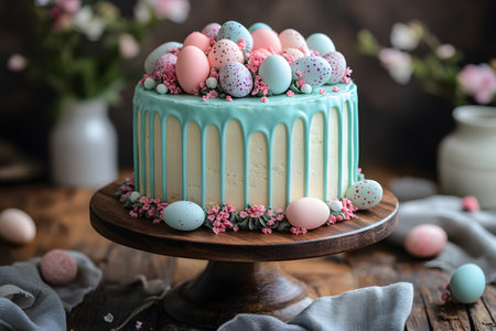 Beautifully decorated easter cake featuring pastel-colored eggs and delicate floral accents with a striking blue dripped icing. perfect centerpiece for springtime and easter festivities, evoking a sense of elegance and celebration. Generative AIの素材