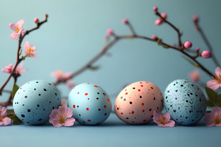 Vibrantly decorated easter eggs in pastel shades are paired with delicate cherry blossoms on a soft blue background. ideal for spring-themed designs, conveying freshness, renewal, and festive celebration. Generative AIの素材