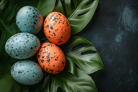 Speckled easter eggs in vibrant blue and orange rest on lush tropical monstera leaves, creating a striking spring decoration. the contrasting colors and natural background highlight the festive feel of easter celebrations. Generative AIの素材