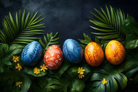 Vibrant easter eggs featuring intricate botanical patterns rest on lush green tropical leaves with scattered yellow flowers. the scene blends traditional festive symbols with a refreshing, natural backdrop ideal for decor inspiration. Generative AIの素材