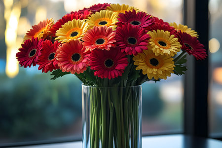 A stunning arrangement of red, yellow, and pink gerbera daisies displayed in a clear glass vase, perfect for adding a pop of color to home decor. sunlight filters through a window, enhancing the vibrant hues and fresh elegance of the blossoms. Generative AIの素材