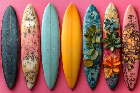 A vibrant arrangement of surfboards showcasing diverse, artistic designs with organic patterns and floral accents. set against a bold pink background, ideal for creative art, prints, and summer-themed projects. Generative AIの素材