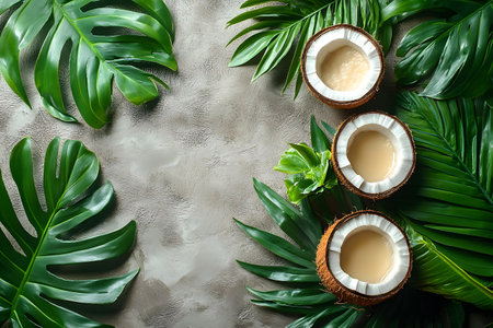 Overhead view of three coconut shells filled with tropical drinks, arranged among large monstera and palm leaves on a textured grey surface. the vibrant greenery highlights the exotic, refreshing theme. Generative AIの素材