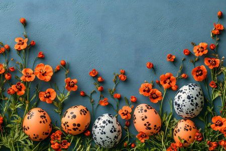 Speckled eggs are artfully arranged among vibrant wildflowers against a textured blue background, embodying the essence of spring and easter. this composition is perfect for seasonal decor, poster designs, or festive invitations. Generative AIの素材