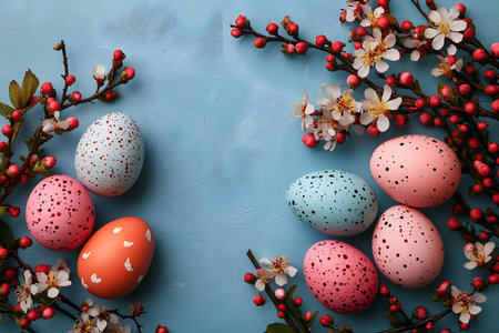 Easter-themed decorative eggs in vibrant pastel colors accompanied by blossoming spring flowers on a blue background, creating a festive and cheerful ambiance. ideal for seasonal designs and greeting cards. Generative AIの素材