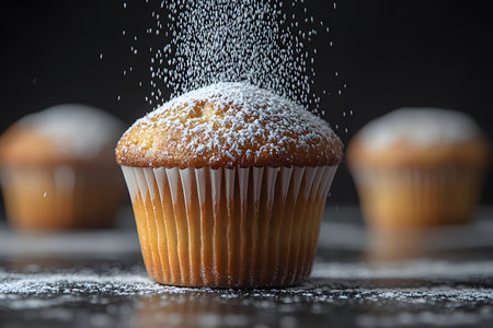 A close-up view of a golden muffin being dusted with powdered sugar against a dark background, capturing the essence of freshly baked goods. ideal for bakery promotions, culinary blogs, or food art displays. Generative AIの素材