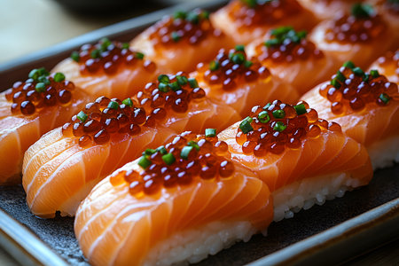 Close-up of a beautifully arranged platter of salmon nigiri topped with bright red ikura and garnished with green onions. the vibrant colors and textures highlight the elegance and freshness of japanese culinary art, perfect for gourmet dining presentations. Generative AIの素材