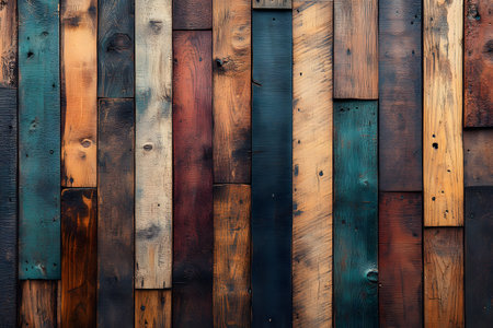 Close-up view of a textured wooden plank wall, showcasing a variety of natural hues and grains. ideal for design projects, this rustic wooden surface adds warmth, character, and an organic appeal to any space. Generative AIの素材