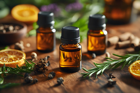 Essential oil bottles surrounded by dried oranges, rosemary, and spices evoke a sense of natural healing. the warm, inviting tones suggest a focus on aromatherapy, relaxation, and holistic wellness. Generative AIの素材