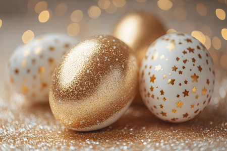 Glittering easter eggs adorned with gold and white star patterns create an elegant festive scene. perfect for easter-themed designs, these decorative eggs embody luxury and celebration with their shimmering surfaces. Generative AIの素材