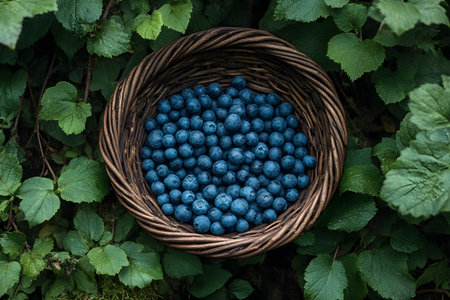 Blueberries fill a woven basket set amidst vibrant green leaves, creating a contrast of deep blue and lush greenery. this rustic scene highlights the abundance of nature, perfect for seasonal food and nature-themed designs. Generative AIの素材