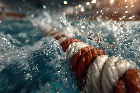 Close-up view of a pool lane rope surrounded by splashing water in an indoor swimming pool. the scene vibrant energy and movement typical of competitive swimming events, with water droplets in focus against a blurred background. Generative AIの素材