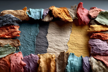 A vibrant assortment of textured, torn paper edges in various colors, including shades of blue, orange, pink, and yellow. the composition creates a natural, organic feel, perfect for design backgrounds or creative projects. Generative AIの素材