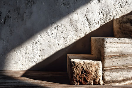 Textured stone blocks are elegantly featured with deep shadows cast on a rough wall. the play of light and texture creates a minimalist and abstract architectural scene, perfect for design inspiration or artistic concepts. Generative AIの素材
