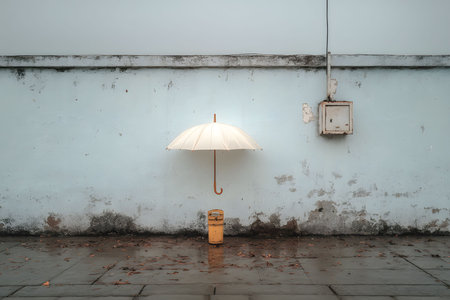 A minimalist urban composition featuring an illuminated umbrella hanging on an aged, textured wall. the scene includes a weathered electrical box and fallen leaves, creating a serene and contemplative atmosphere. Generative AIの素材