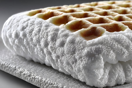 Detailed image showcasing a close-up of a textured fabric featuring an intricate woven pattern. the fibers create a soft, fluffy appearance, ideal for interior design elements like upholstery or cushions, blending style and comfort. Generative AIの素材