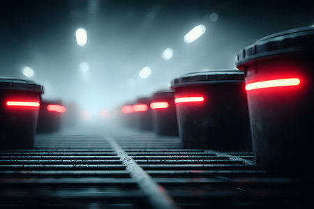 Futuristic industrial environment featuring several containers aligned in perspective. the red glowing lights on each container create a dramatic effect, enhancing the mysterious and high-tech atmosphere in a foggy setting. Generative AIの素材