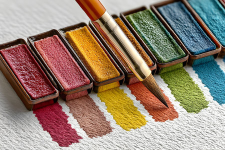 Vibrant watercolor palette showcasing an array of colors with a detailed paintbrush resting across. ideal for art enthusiasts and designers, creativity, color exploration, and artistic expression. Generative AIの素材