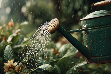 A vintage metal watering can gently sprinkles water over vibrant garden foliage, highlighted by the soft glow of natural light. raindrops add a refreshing touch, enriching the lush greenery and blooming flowers. Generative AIの素材