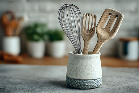 A minimalist arrangement of wooden spatulas and a metal whisk displayed in a textured ceramic holder. this countertop setup embodies rustic elegance, suitable for contemporary kitchen decor and culinary-themed design projects. Generative AIの素材