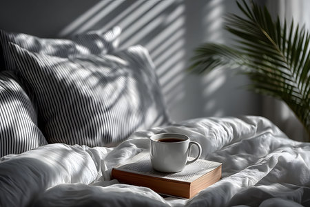 Sunlight filters through blinds, casting shadows over a serene bedroom setting. a cup of coffee rests on a striped book atop rumpled white bedding, next to a lush green plant, creating a warm and inviting atmosphere. Generative AIの素材