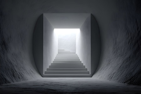 Mysterious underground passage featuring a geometric staircase leading towards a bright light. the minimalist architecture creates a sense of intrigue and potential. perfect for themes of exploration, discovery, or futuristic design. Generative AIの素材