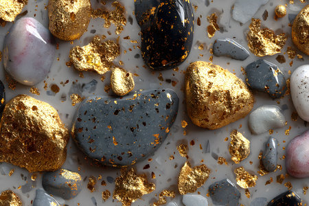 Polished pebbles in varying shades of gray, white, and pink are adorned with shimmering gold leaf accents. the contrasting textures and colors create a sophisticated and opulent aesthetic, ideal for upscale design projects and home decor inspiration. Generative AIの素材
