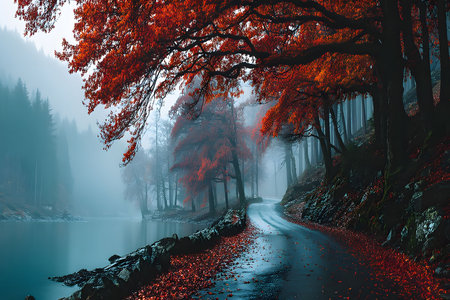 Misty autumn morning by a serene lake, framed by vibrant red and orange foliage. a quiet road curves alongside, enveloped by fog and surrounded by dense forest, creating a tranquil, reflective atmosphere. Generative AIの素材