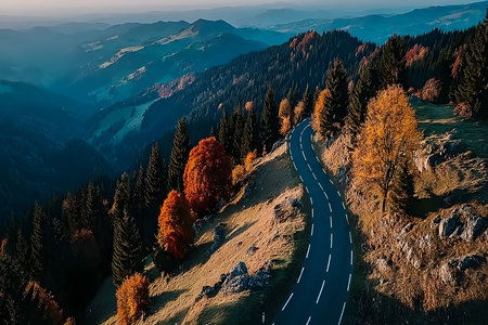 Winding road through a mountain landscape adorned with vibrant fall foliage. tall trees display brilliant reds and oranges against lush greenery under a clear blue sky, creating a picturesque autumn scene ideal for travel photography. Generative AIの素材