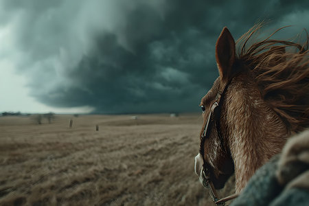 A horse stands calmly in a vast open field, its mane flowing in the wind, as a dramatic storm front looms on the horizon. the contrast between the impending tempest and the serene animal creates a powerful visual. Generative AIの素材