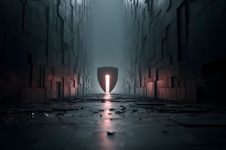 A glowing doorway within a shield structure at the end of a dark, geometric corridor. harsh shadows and minimal lighting create a mysterious, sci-fi atmosphere, suggesting themes of protection and secrecy. Generative AIの素材