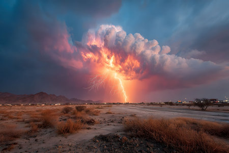A stunning lightning storm electrifies the sky over a vast desert landscape at sunset. vibrant clouds illuminate the horizon, creating a captivating blend of colors. mountains and sparse vegetation complete this natural spectacle. Generative AIの素材