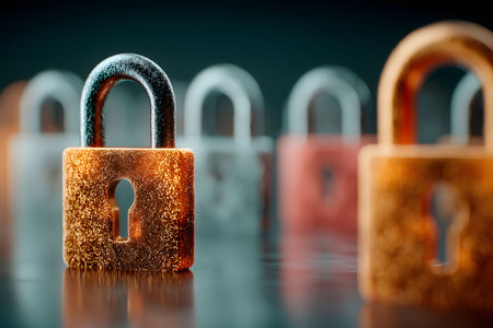 Frosted padlocks in various colors arranged in a row, symbolizing security, protection, and diverse technology solutions. the blurred background enhances focus on the forefront lock, suggesting complexity in cybersecurity practices. Generative AIの素材