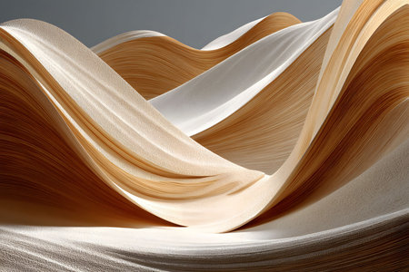 Elegantly contoured, textured paper creates an abstract wave pattern, blending warm hues of brown with soft white. the interplay of curves and shadows offers a visually stunning landscape ideal for design inspiration. Generative AIの素材