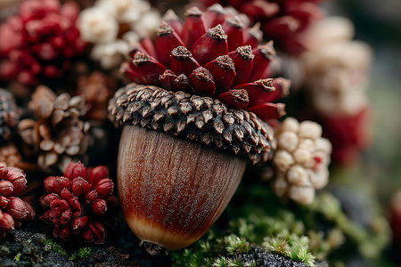 A close-up of a beautifully textured acorn adorned with vibrant red and natural pine cones, surrounded by mossy greenery. this intricate arrangement autumn's rich palette and is perfect for seasonal decoration inspiration. Generative AIの素材