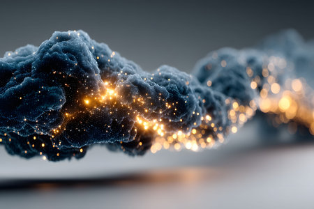 A dynamic abstract image featuring a cloud-like formation emitting glowing particles, evoking a sense of cosmic energy and futuristic themes. ideal for uses in tech, science, and design projects. Generative AIの素材