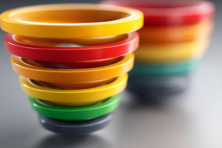 Vibrant, stacked plastic rings in various colors create a modern and dynamic visual. the blurred background enhances contrast, offering a playful pattern suitable for contemporary design and decor themes. Generative AIの素材