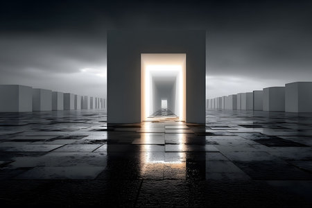 A striking futuristic scene featuring an illuminated corridor with sleek geometric structures under a dramatic, cloudy sky. the reflective wet ground adds depth, enhancing the modern architectural design's symmetry and mystery. Generative AIの素材