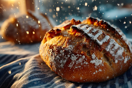 Rustic artisan bread displayed on a striped cloth, highlighted by warm, golden sunset light. flour dust particles are suspended in the air, enhancing the fresh and homemade feel, ideal for culinary-themed projects and food presentations. Generative AIの素材