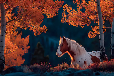 A serene scene features a majestic horse standing gracefully amidst vibrant autumn foliage. the striking contrast between the horse and the warm, colorful leaves evokes feelings of peace and natural beauty, ideal for nature-focused designs. Generative AIの素材