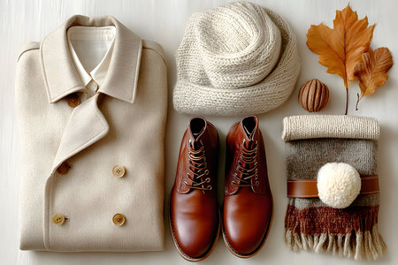Flat lay showcasing essential autumn fashion items in warm, earthy tones. features a beige trench coat, brown leather boots, cream knit scarf and hat, and seasonal decor like leaves and a cozy blanket. Generative AIの素材