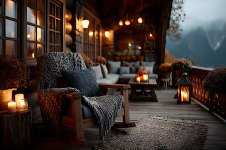A rustic wooden porch features cozy seating with textured blankets and cushions. warm lighting from candles and lanterns enhances the atmosphere. the backdrop of mountains and autumn foliage adds a serene touch to the scene. Generative AIの素材