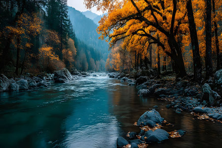 Tranquil river flows through a forest adorned with vibrant autumn foliage. the interplay of orange leaves and blue waters creates a serene, picturesque scene perfect for nature-themed prints and posters. Generative AIの素材