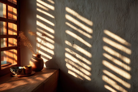 Sunlight filters through wooden blinds, creating striped patterns on a textured wall. a ceramic vase with dried flowers and a cup sit on a wooden ledge, evoking a serene, rustic ambiance in a cozy interior setting. Generative AIの素材