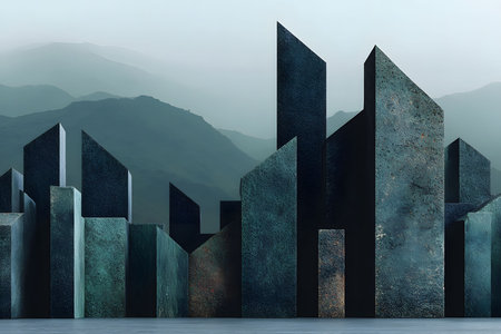 Geometric structures form an abstract urban skyline set against distant mountains in a misty atmosphere. the scene blends natural and architectural elements, ideal for modern design concepts and artistic projects. Generative AIの素材