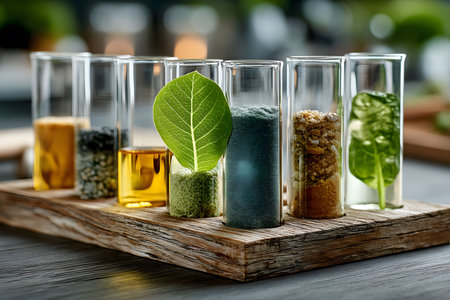 Seven glass test tubes are filled with diverse natural materials such as leaves, sand, and liquids, arranged on a rustic wooden holder. the composition highlights sustainability, eco-innovation, and renewable resources, providing a vibrant concept for eco-friendly scientific research. Generative AIの素材