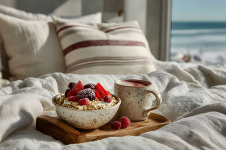 A serene morning setup featuring a bowl of oatmeal topped with raspberries and strawberries, accompanied by a mug of hot beverage. the tray rests on a fluffy bed with a scenic ocean view in the background, emphasizing comfort and relaxation. Generative AIの素材