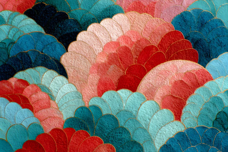 Vibrant abstract art featuring overlapping scallop shapes in red, blue, teal, and gold. textured patterns create a lively, dynamic composition. perfect for modern design projects, art prints, and colorful interior decor. Generative AIの素材